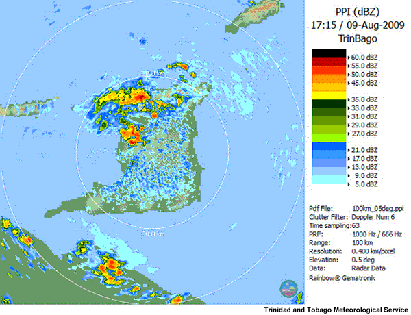 1:15 PM to 1:45 PM Sunday, 9th August 2009, Radar Imagery showing the supercell thunderstorm that produced the 2009 Caroni Plains Tornado. Imagery: Trinidad and Tobago Meteorological Service.