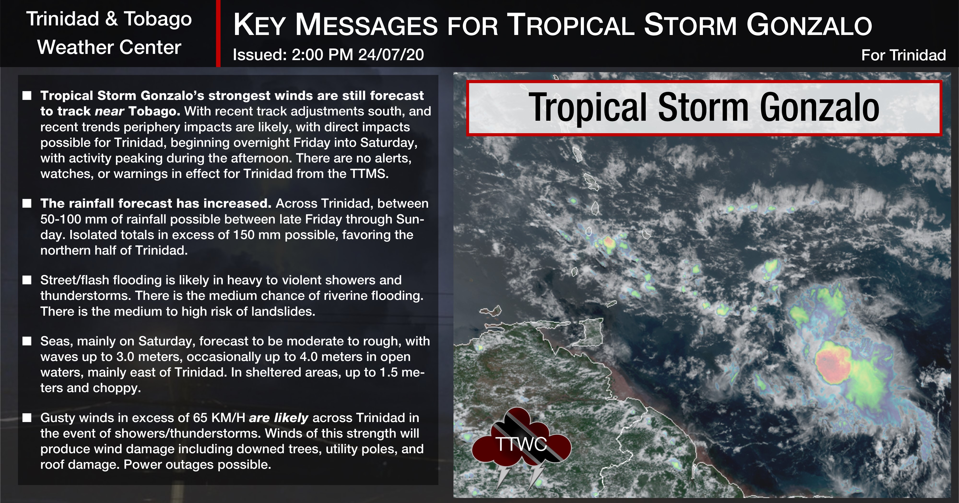 Key Messages for Tropical Storm Gonzalo as of 2:00 PM Friday, July 24th, 2020, for Trinidad