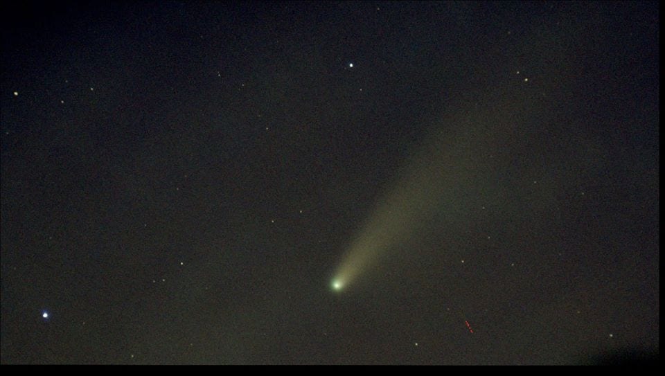 Comet C/2020 F3 NEOWISE spotted from Toco, Trinidad. While difficult with the naked eye, it is an easy binocular target that will be visible in the northwestern sky just after sunset over the next few days. Image: Isa Mohammed.