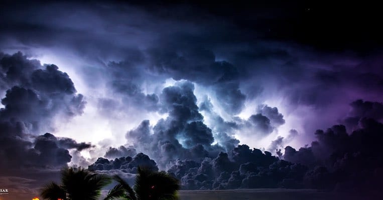 Cloud-to-cloud lightning was spotted from Couva, looking towards a cluster of thunderstorms in the Gulf of Paria on September 12th, 2020. (Tarun Jagessar)