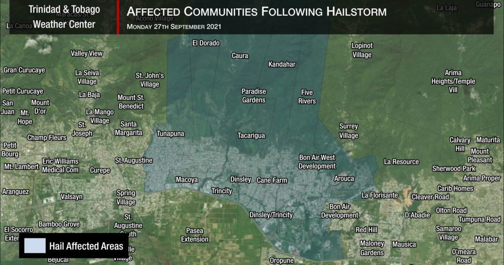 Locations affected by Monday afternoon's hailstorm across north-central Trinidad.