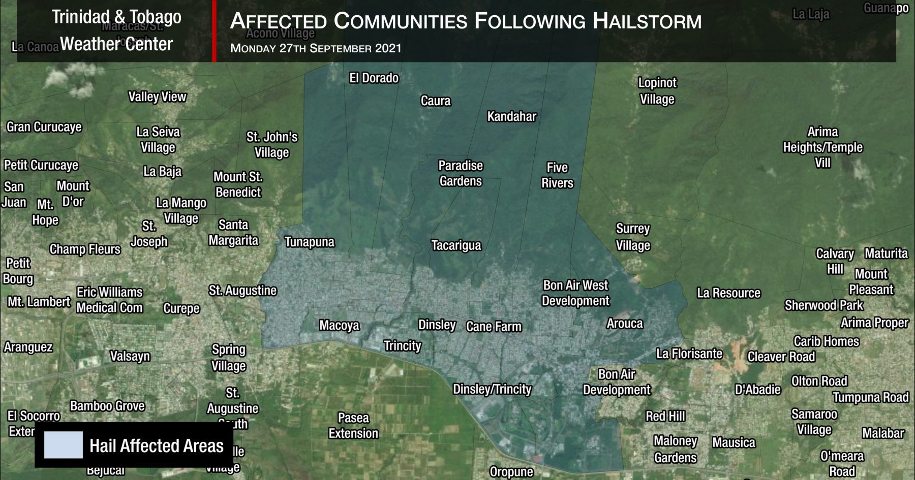 Locations affected by Monday afternoon's hailstorm across north-central Trinidad.