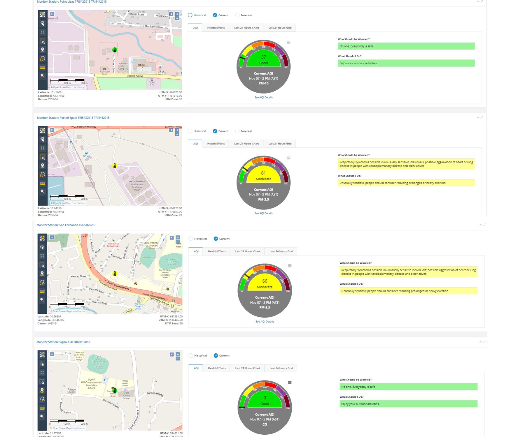 The Environmental Management Agency (EMA) air quality monitoring stations at 4:00 PM Sunday, November 7th, 2021.