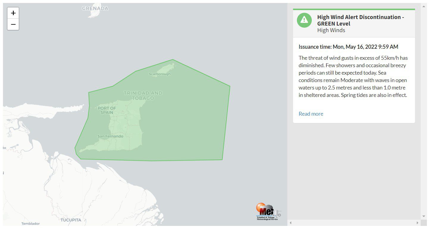 Information concerning the High Wind Alert Discontinuation from the Trinidad and Tobago Meteorological Service