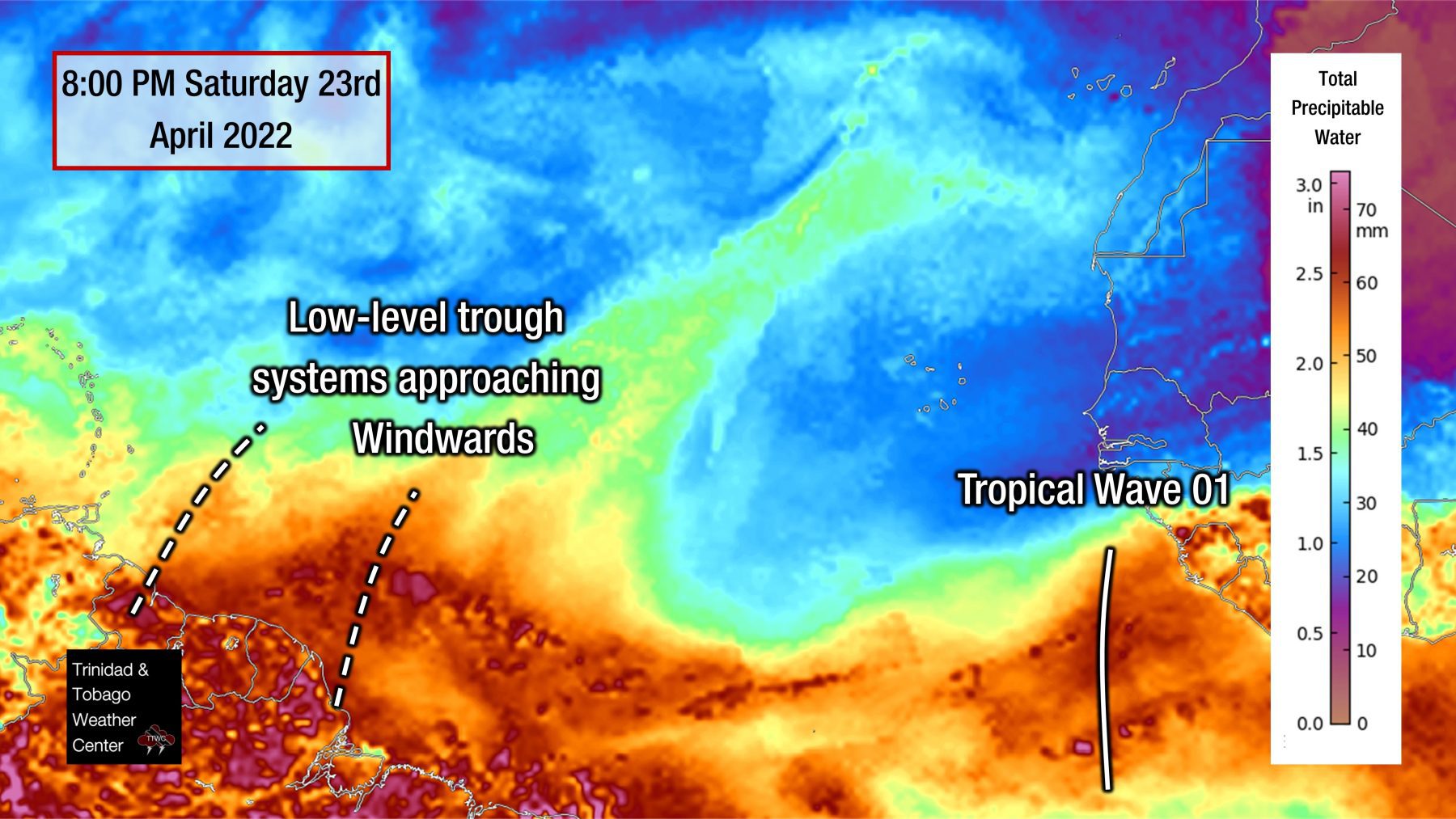 Total Precipitable Water Imagery as of 8:00 PM April 23rd, 2022 (SSEC/MIMIC)