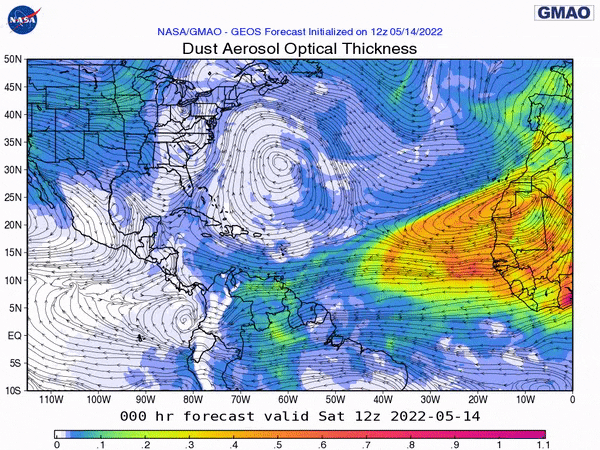 00Z April 14th, 2022, NASA GEOS-5 Dust Extinction Model Monitoring Tropical Atlantic Sulphates Aerosol Optical Total showing Saharan Dust