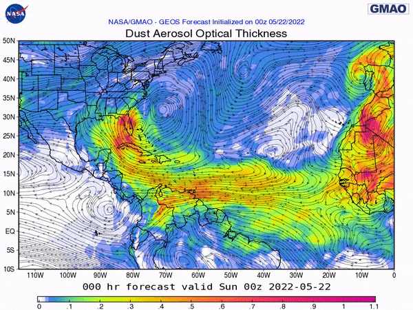 00Z Sunday, May 22nd, 2022, NASA GEOS-5 Dust Extinction Model Monitoring Tropical Atlantic Sulphates Aerosol Optical Total showing Saharan Dust