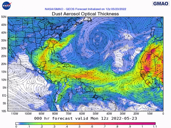 12Z Monday, May 23rd 2022, NASA GEOS-5 Dust Extinction Model Monitoring Tropical Atlantic Sulphates Aerosol Optical Total showing Saharan Dust