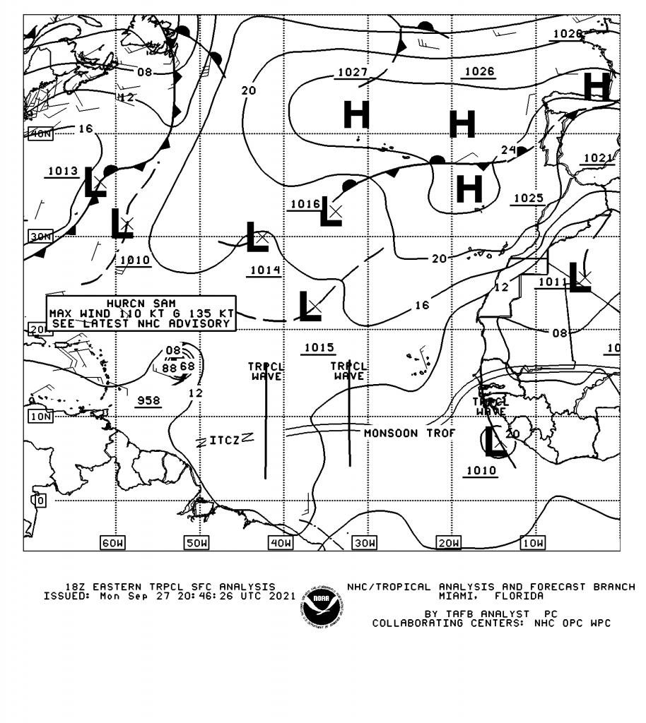 2:00 PM September 27th, 2021 Surface Analysis from the National Hurricane Center's Tropical Analysis and Forecast Branch showing Hurricane Sam north and east of Trinidad and Tobago. (National Hurricane Center)