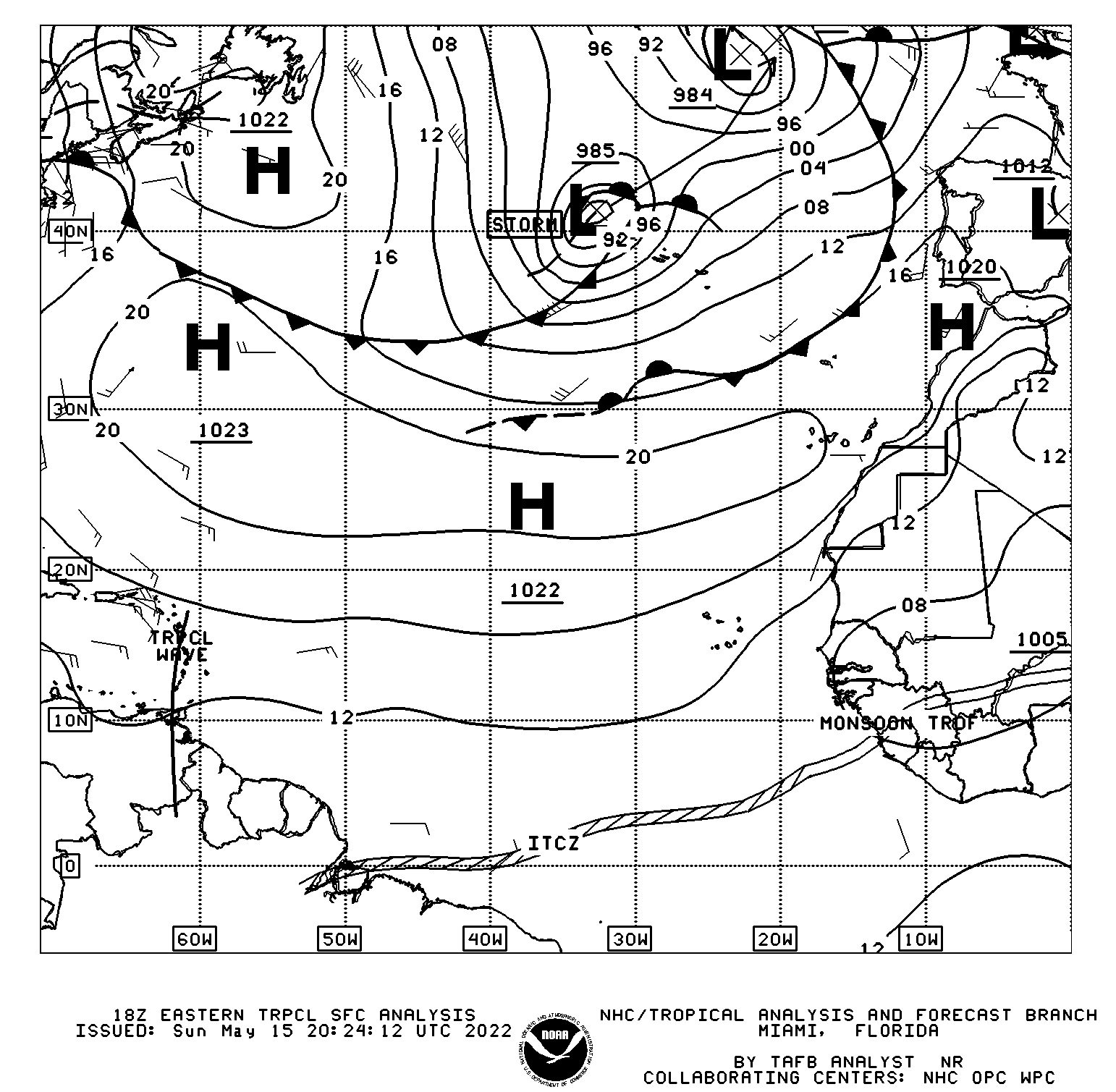 Surface Analysis from the Tropical Analysis and Forecast Branch of the National Hurricane Center as of 2:00 PM Sunday, May 15th, 2022 as Tropical Wave 01 moves across Trinidad and Tobago.