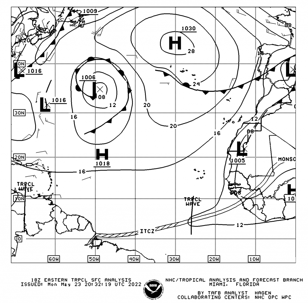 Surface Analysis from the Tropical Analysis and Forecast Branch of the National Hurricane Center as of 2:00 PM Monday, May 23rd, 2022. Tropical Wave 02 is well west of Trinidad and Tobago, while the ITCZ is very far southeast of the country.
