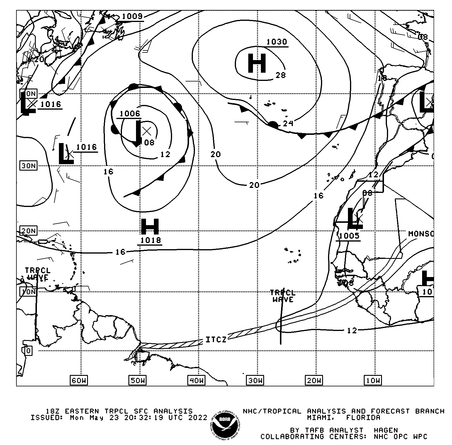 Surface Analysis from the Tropical Analysis and Forecast Branch of the National Hurricane Center as of 2:00 PM Monday, May 23rd, 2022. Tropical Wave 02 is well west of Trinidad and Tobago, while the ITCZ is very far southeast of the country.
