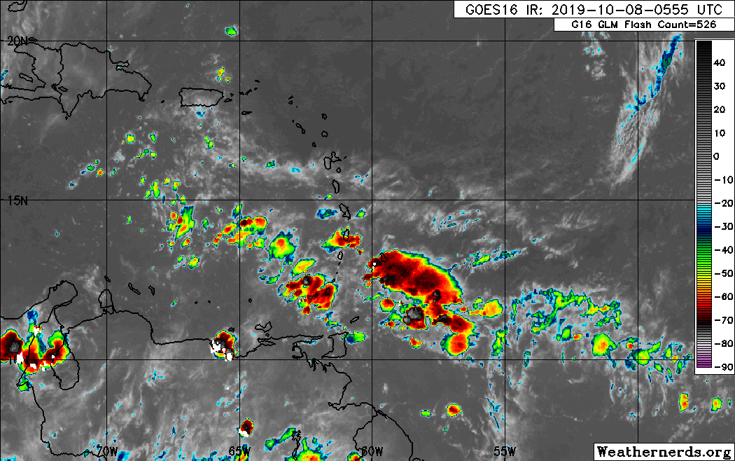 Activity associated with the 61st Tropical Wave of 2019 along 42W, nearing the Lesser Antilles, embedded within the ITCZ in November 2019. Active and inactive areas of the ITCZ are visible in the infrared satellite imagery above. Credit: Weathernerds