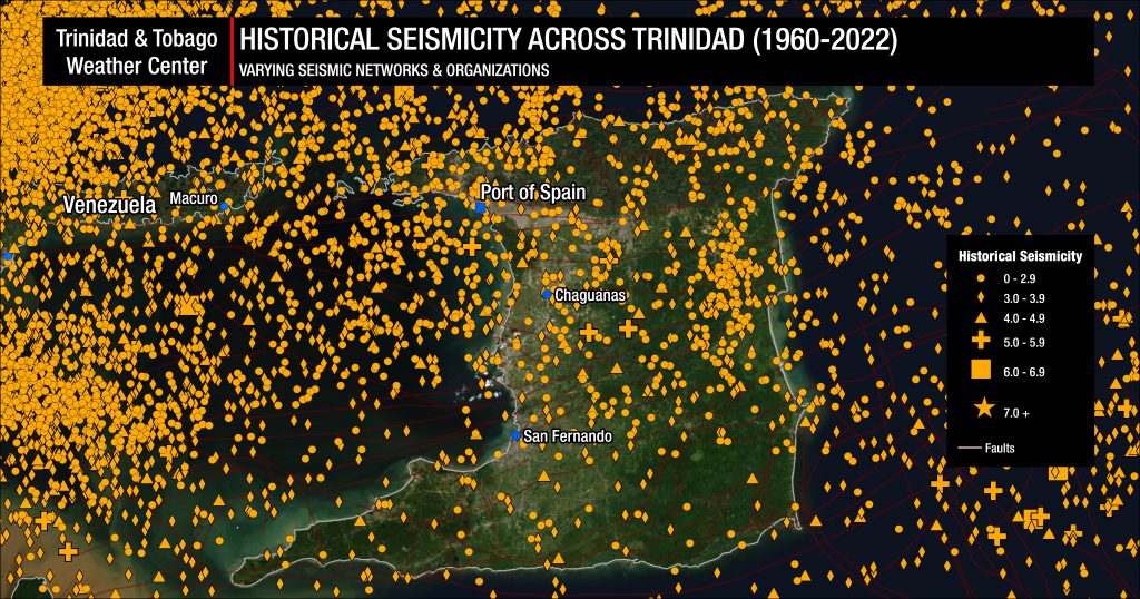 Seismicity across Trinidad and Tobago, showing thousands of earthquakes recorded since 1960.