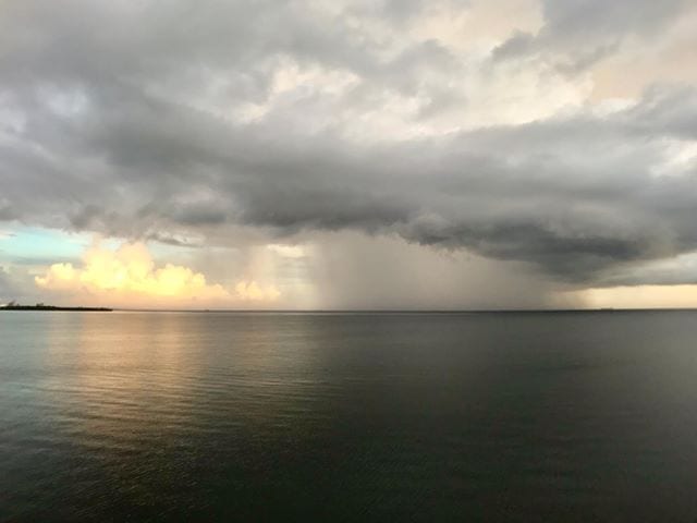 A weakening thunderstorm moving into the Gulf of Paria as a weak tropical wave traversed the region on September 9th, 2019. Photo: Karen Johnstone.