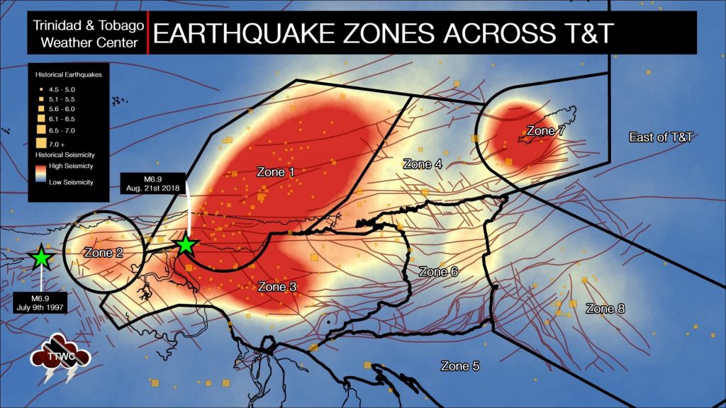 Seismic Zones across Trinidad and Tobago. Seismic zones are areas of seismicity that share a common cause (i.e., triggering mechanism for seismic activity.)