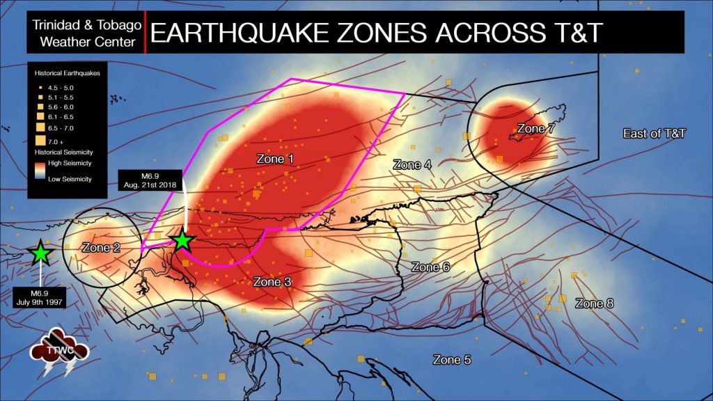 Seismic Zone 1: North of the Paria Peninsula (Subduction & Normal, Thrust Faults at >50 Kilometers depth) & El Pilar Fault (Strike-Slip at 0-50 Kilometers Depth)