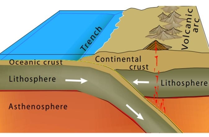 Oceanic-Continental Convergence Diagram, from USGS & IRIS. Note that the lithosphere is the crust, although it may seem like a separate entity in the diagram.   