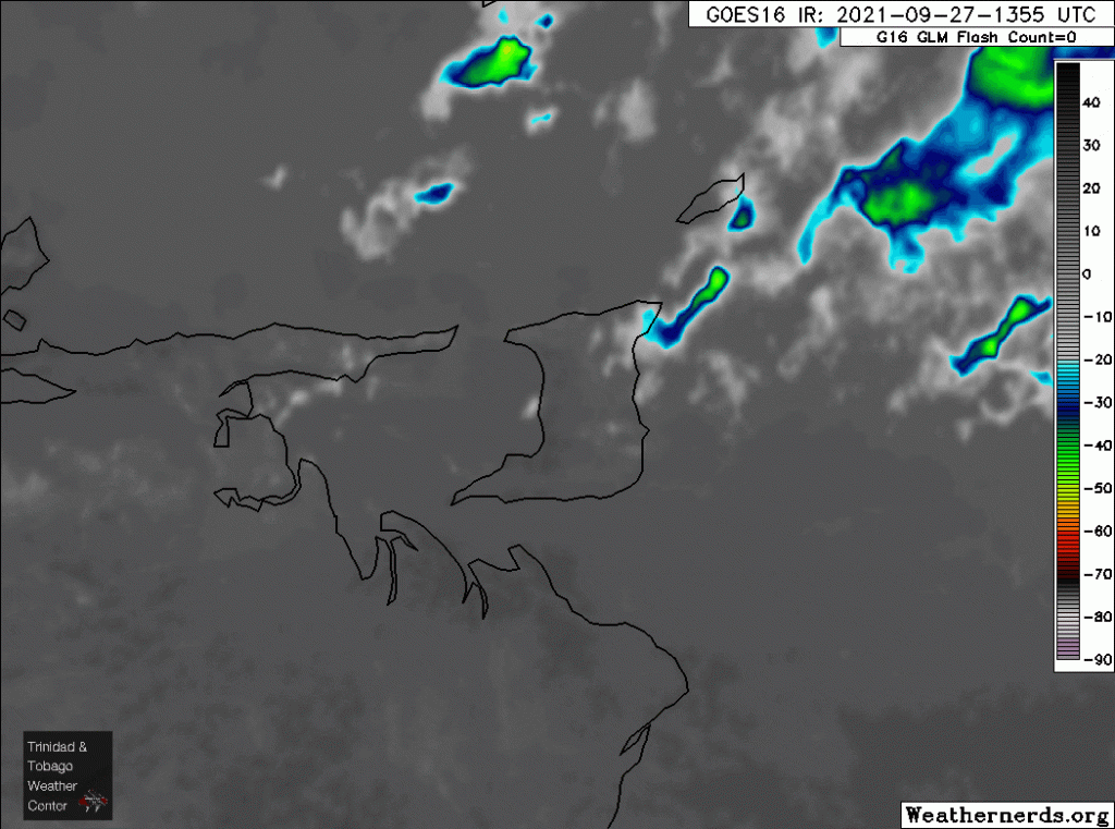 Infrared satellite loop from the GOES-16 showing the strong thunderstorms developing across western and north-central Trinidad on Monday afternoon, which produced hail. (Weathernerds)