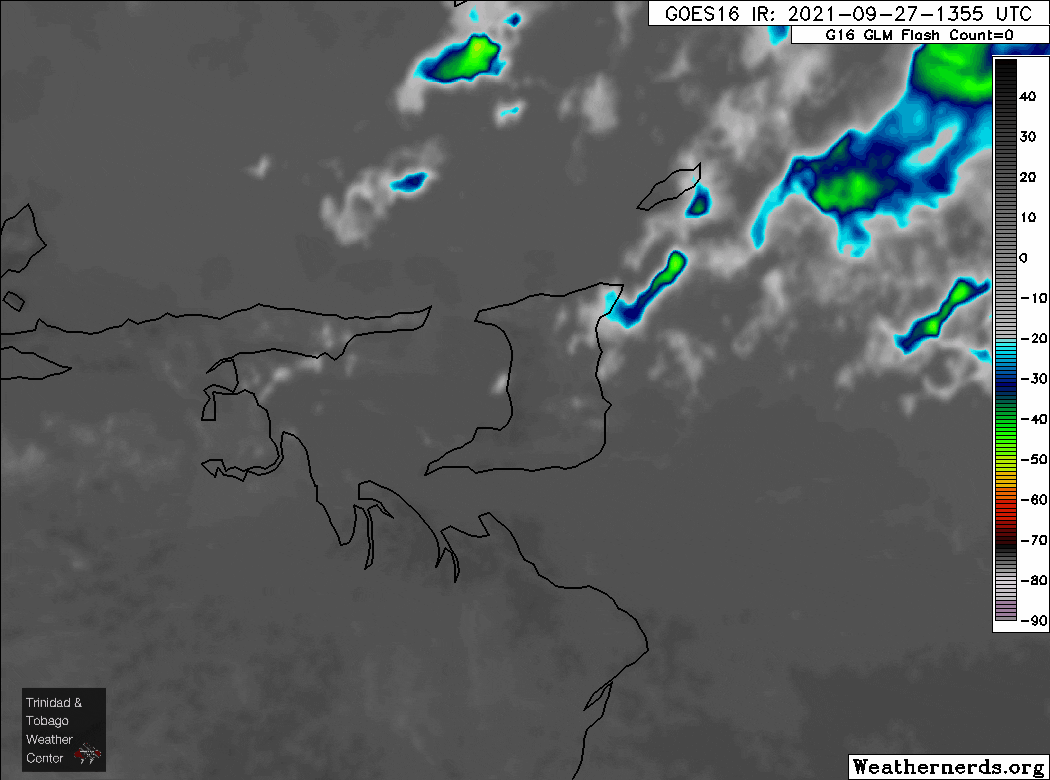 Infrared satellite loop from the GOES-16 showing the strong thunderstorms developing across western and north-central Trinidad on Monday afternoon, which produced hail. (Weathernerds)