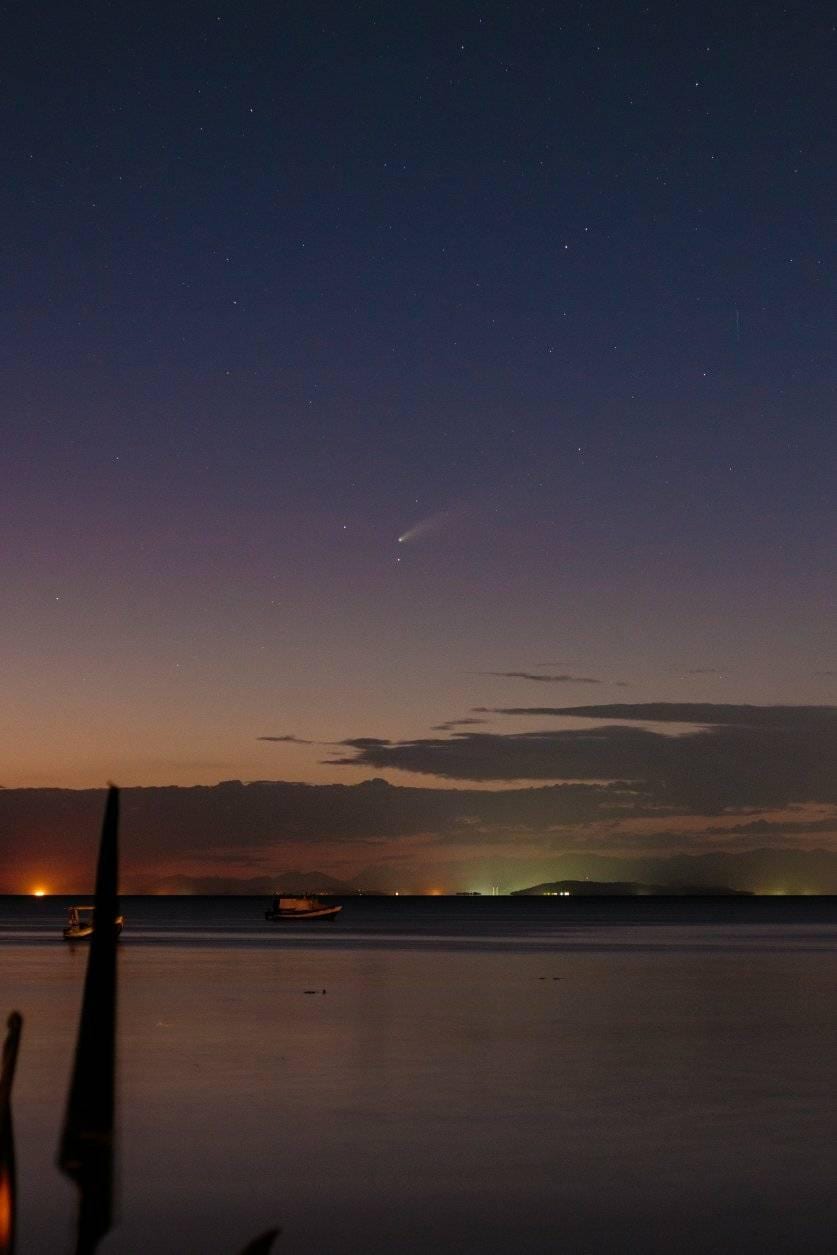 NEOWISE spotted from the Temple in the Sea, Waterloo Trinidad by Kendelle Crepin. While it was not visible with the naked eye, his camera picked it up without any issue. Camera Details: 5-second exposure. 50mm, f2.8 iso800