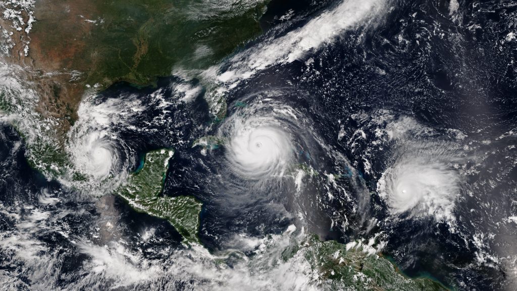 From left to right, Hurricanes Katia, Irma, and Jose in the North Atlantic Basin during the hyper-active 2017 Hurricane Season.