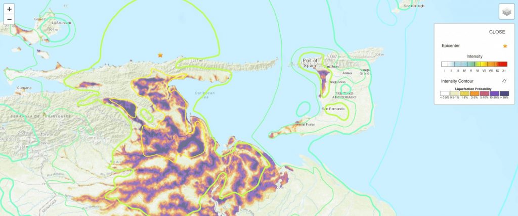 Map produced by the USGS showing the probability of liquefaction occurring across Eastern Venezuela and Western Trinidad following the M6.9 Earthquake on August 21st, 2019. (Source: USGS)