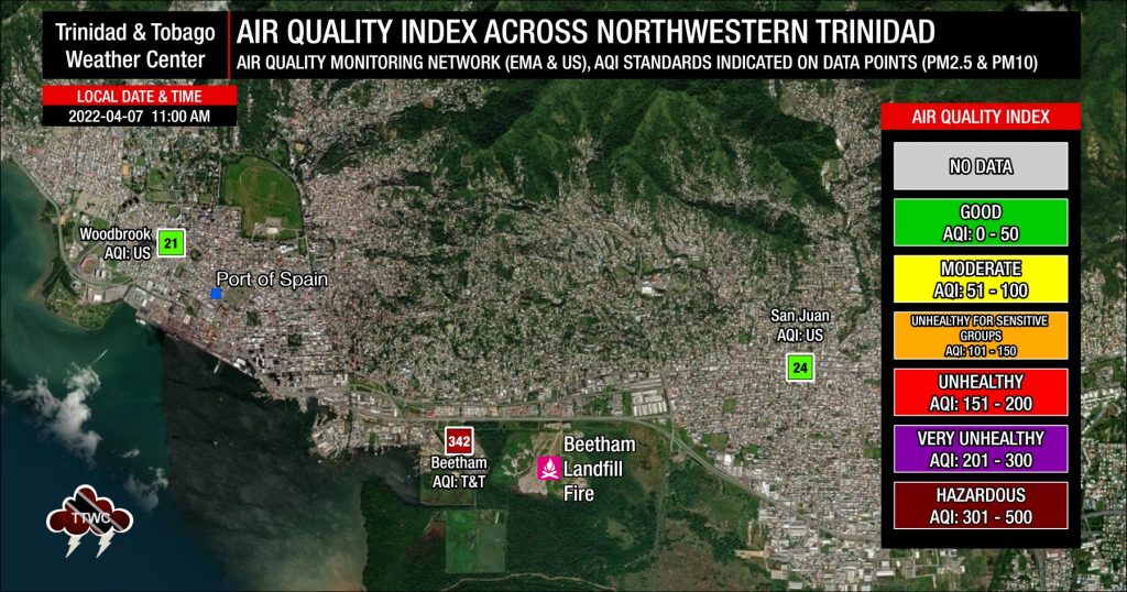 Air quality levels near the Beetham Wastewater Treatment Plant as of 11:00 AM Thursday 7th April 2022. (Environmental Management Agency)