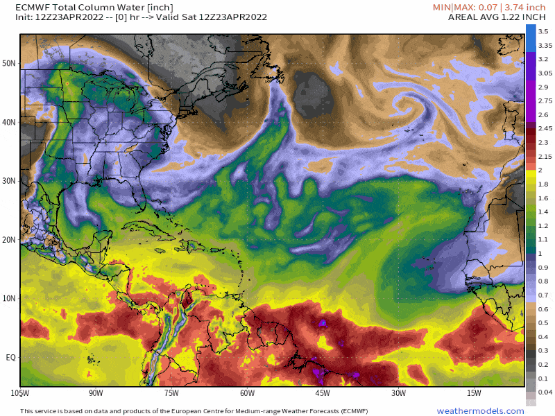 Modeled Total Precipitable Water (Atmospheric Moisture) from the ECMWF as of 12Z April 23rd, 2022 (Weathermodels.com)