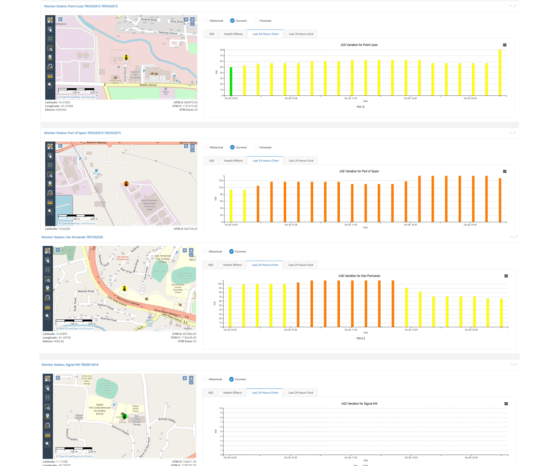 The Environmental Management Agency (EMA) air quality monitoring stations as of 11:00 PM Tuesday 26th October 2021.