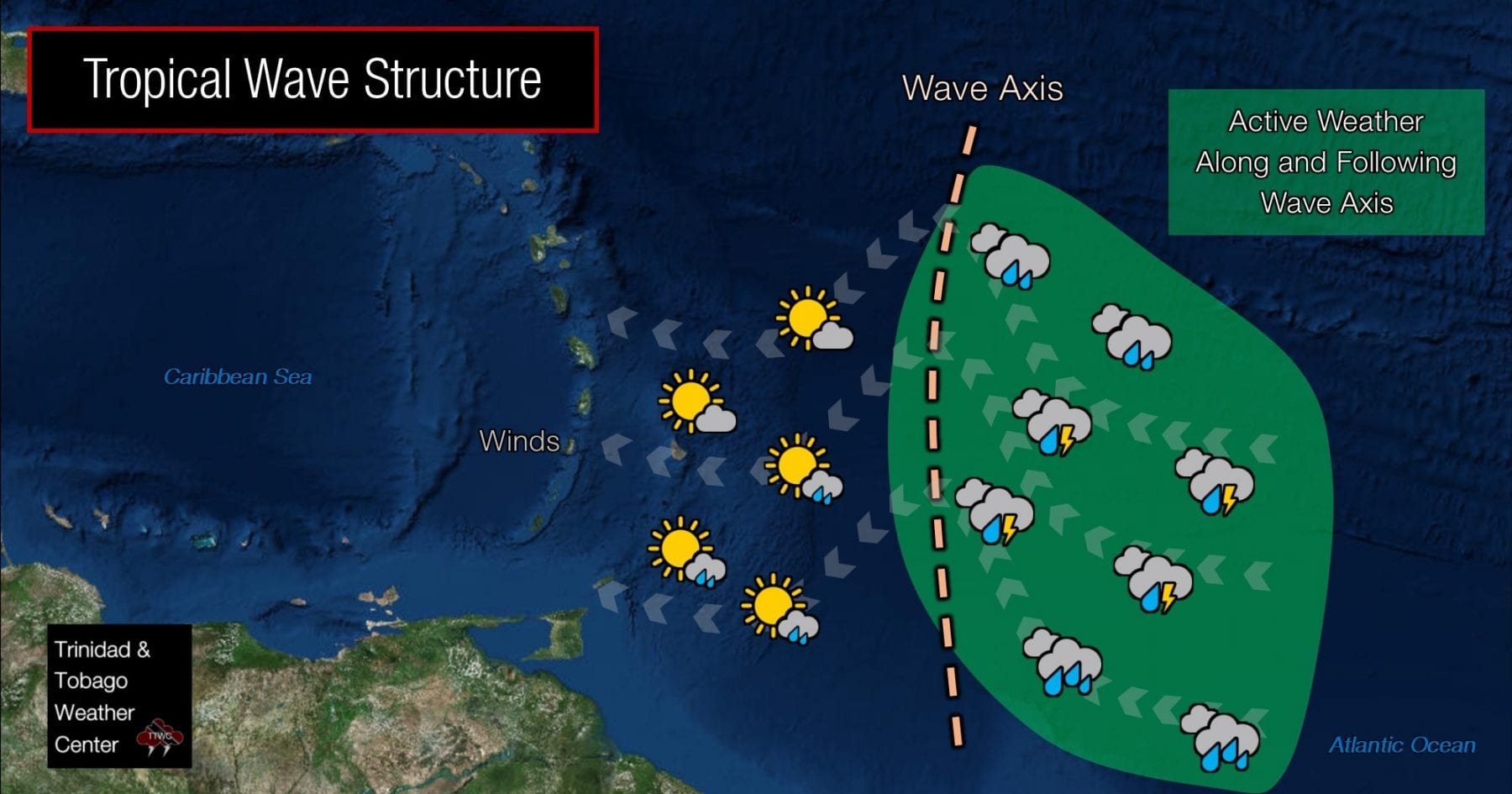 Tropical waves typically have fair weather ahead of the wave axis, though other features in the area, such as surface troughs, increased atmospheric moisture, and local climatic effects, to name a few, may trigger showers and the odd thunderstorm. Following the wave's passage, much of the active weather typically associated with a tropical wave occurs.
