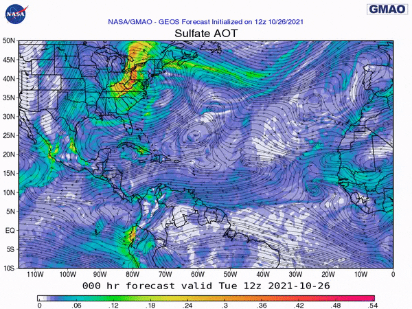 00Z October 26th, 2021, NASA GEOS-5 Dust Extinction Model Monitoring Tropical Atlantic Sulphates Aerosol Optical Total showing Sulphates.