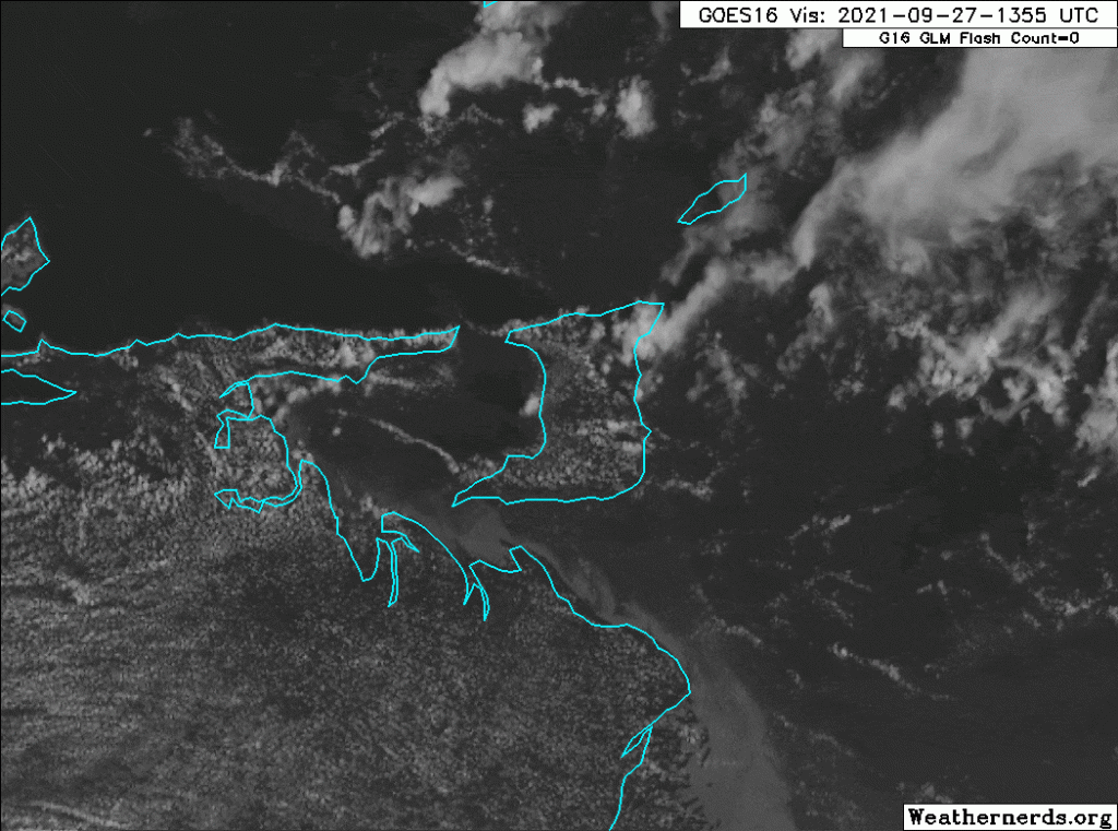 Visible satellite loop from the GOES-16 showing the strong thunderstorms developing across western and northern Trinidad on Monday afternoon. (Weathernerds) 
