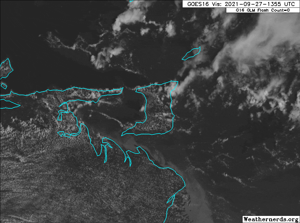 Visible satellite loop from the GOES-16 showing the strong thunderstorms developing across western and northern Trinidad on Monday afternoon. (Weathernerds)