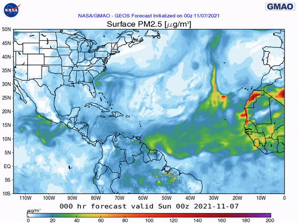 00Z November 7th, 2021, NASA GEOS-5 Surface PM2.5 Model Monitoring Saharan Dust, Vog, Smoke, and other particulate matter moving across the Atlantic.