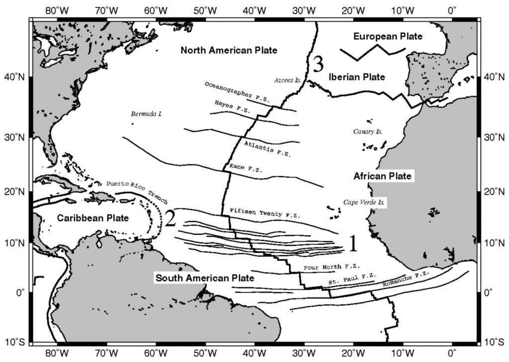Fracture zones along the Mid-Atlantic Ridge in the North Atlantic Ocean. These fracture zones extend from the ridge to the continental or subducted end of the plate. Credit: NOAA 