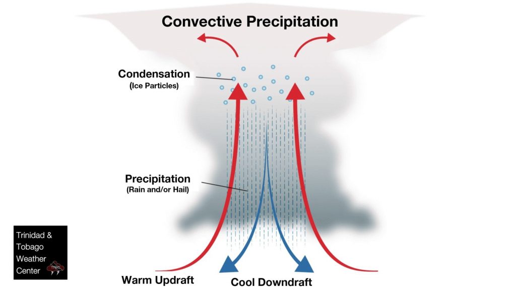 Diagram of convective precipitation, the basis of shower and thunderstorm development. When a thunderstorm or shower begins to dissipate, the downdraft overpowers the updraft, effectively "raining itself out." Diagram: Trinidad and Tobago Weather Center.