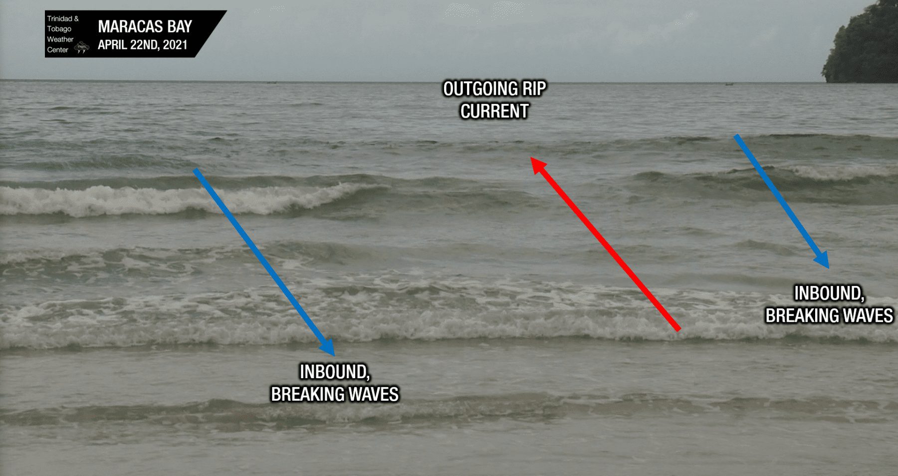 Rip current seen from Maracas Bay, North Trinidad on April 22nd, 2021