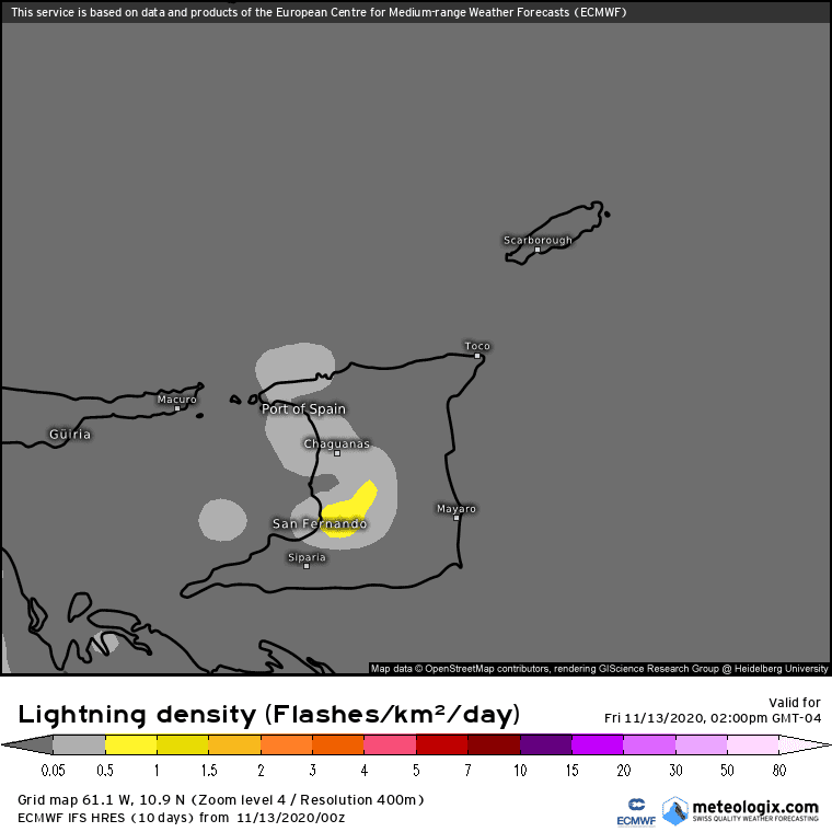 EMCWF Model forecast showing lightning density across Trinidad for 13th November 2020 (meteologix.com)