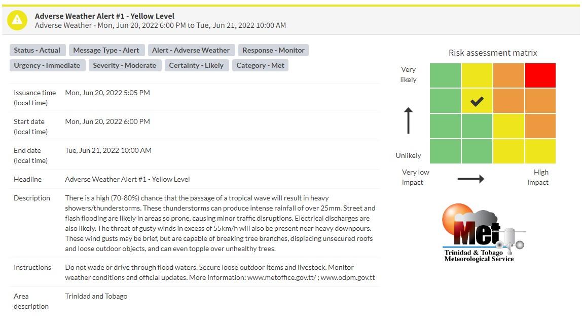 Adverse Weather Alert information from the Trinidad and Tobago Meteorological Service