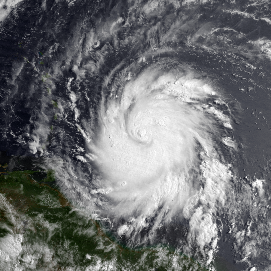 Hurricane Allen approached the Lesser Antilles on August 3, 1980, with Trinidad just visible center left, being covered by an upper-level cirrus band. This system moved across Barbados as a Category Three, and between St. Lucia and St. Vincent as a Category 4 hurricane. Image: NASA