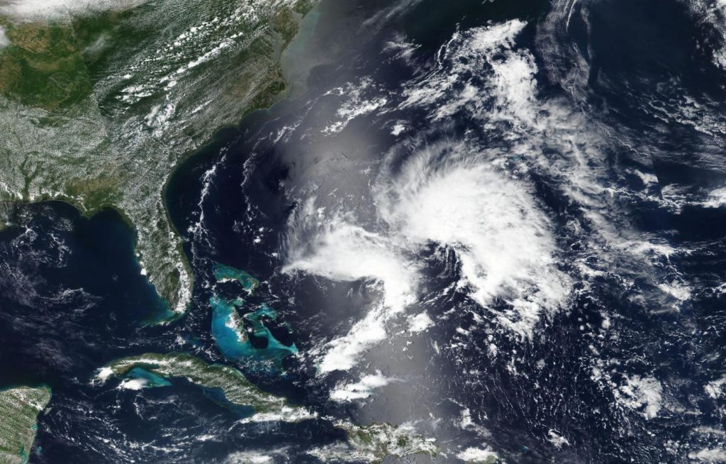 Subtropical Storm Andrea in the Western Atlantic on May 20, 2019, starting off the 2019 Atlantic Hurricane Season early for the 5th year in a row (at that date). Image: NASA Worldview/VIIRS