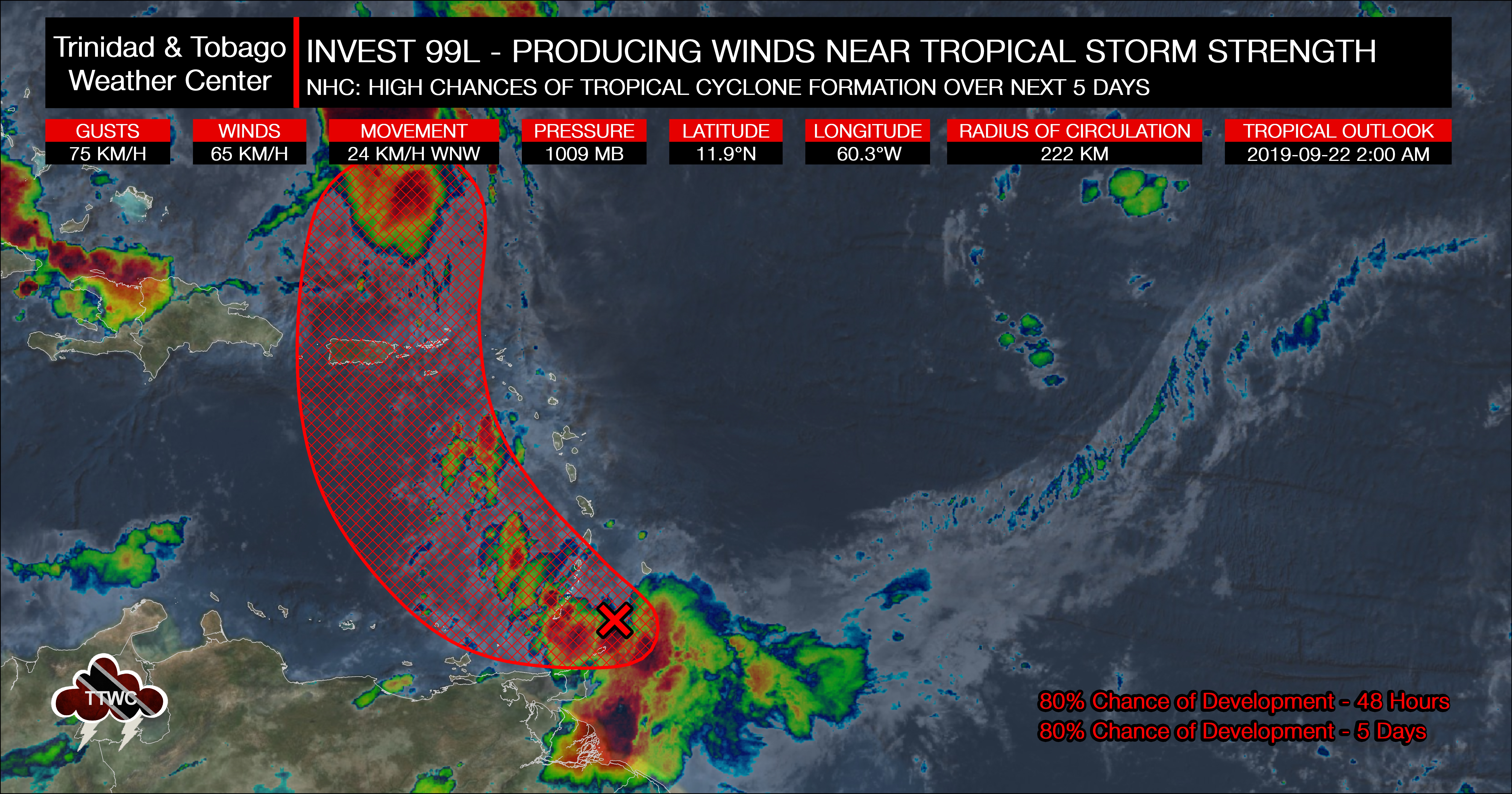 INVEST 99L, a tropical disturbance north of Tobago developed into Tropical Storm Karen three hours after this advisory on September 22nd, 2019. Image: TTWC/NHC