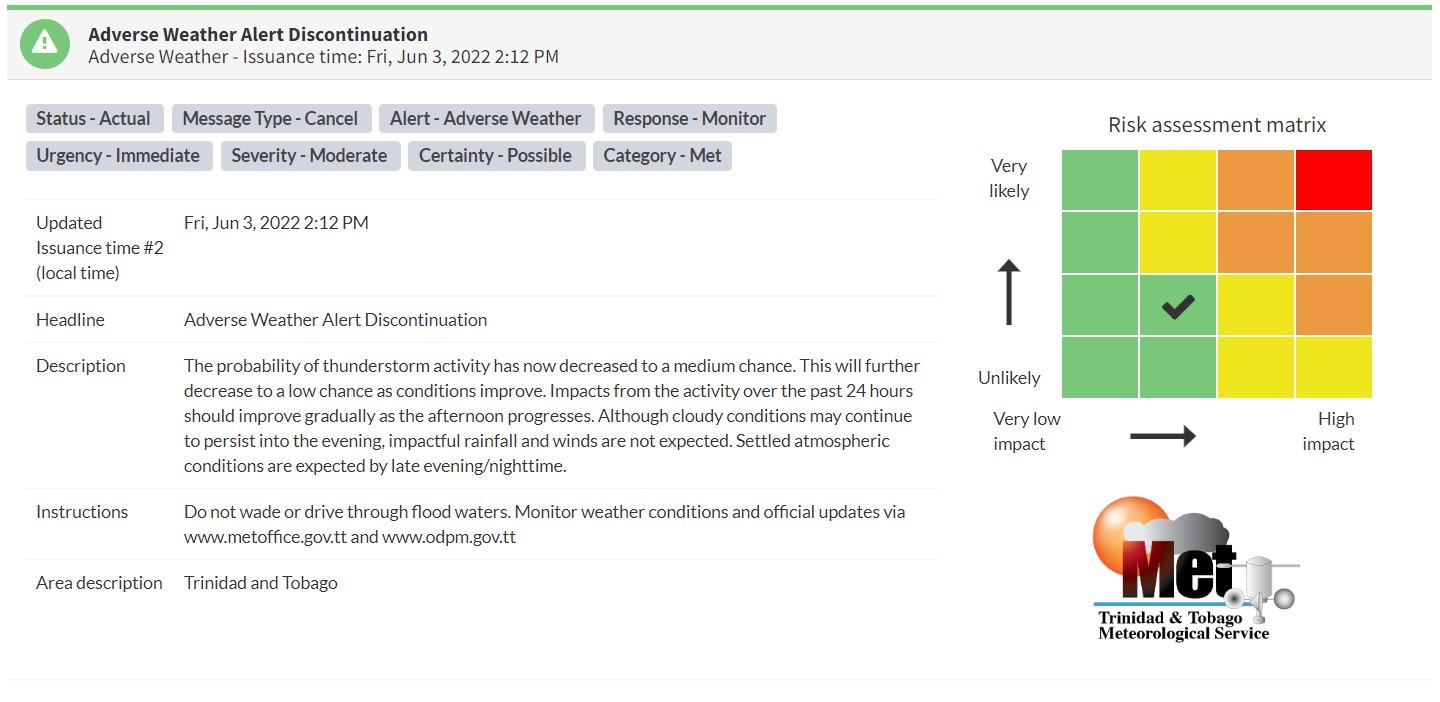Adverse Weather Alert information from the Trinidad and Tobago Meteorological Service