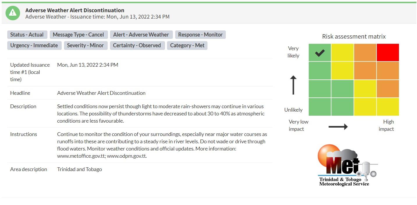 Adverse Weather Alert information from the Trinidad and Tobago Meteorological Service