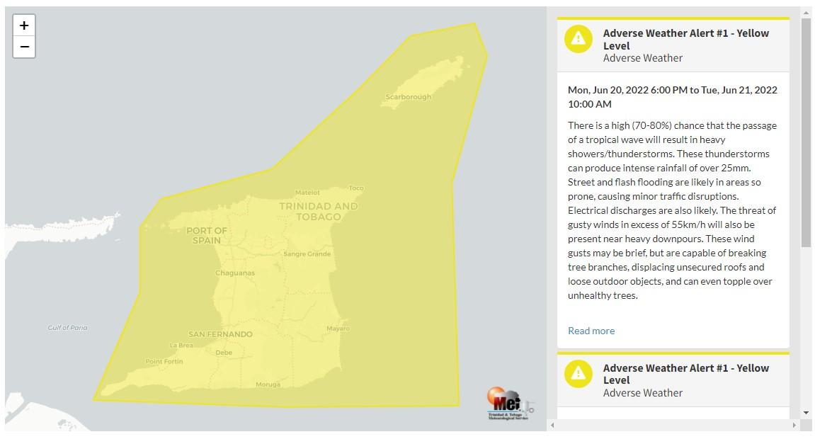 Adverse Weather Alert information from the Trinidad and Tobago Meteorological Service