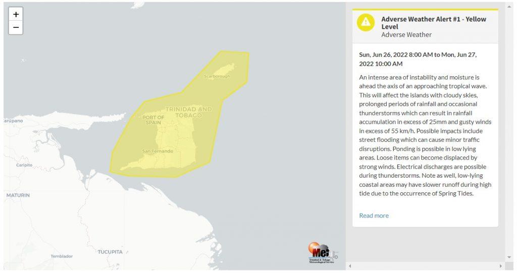 Adverse Weather Alert information from the Trinidad and Tobago Meteorological Service