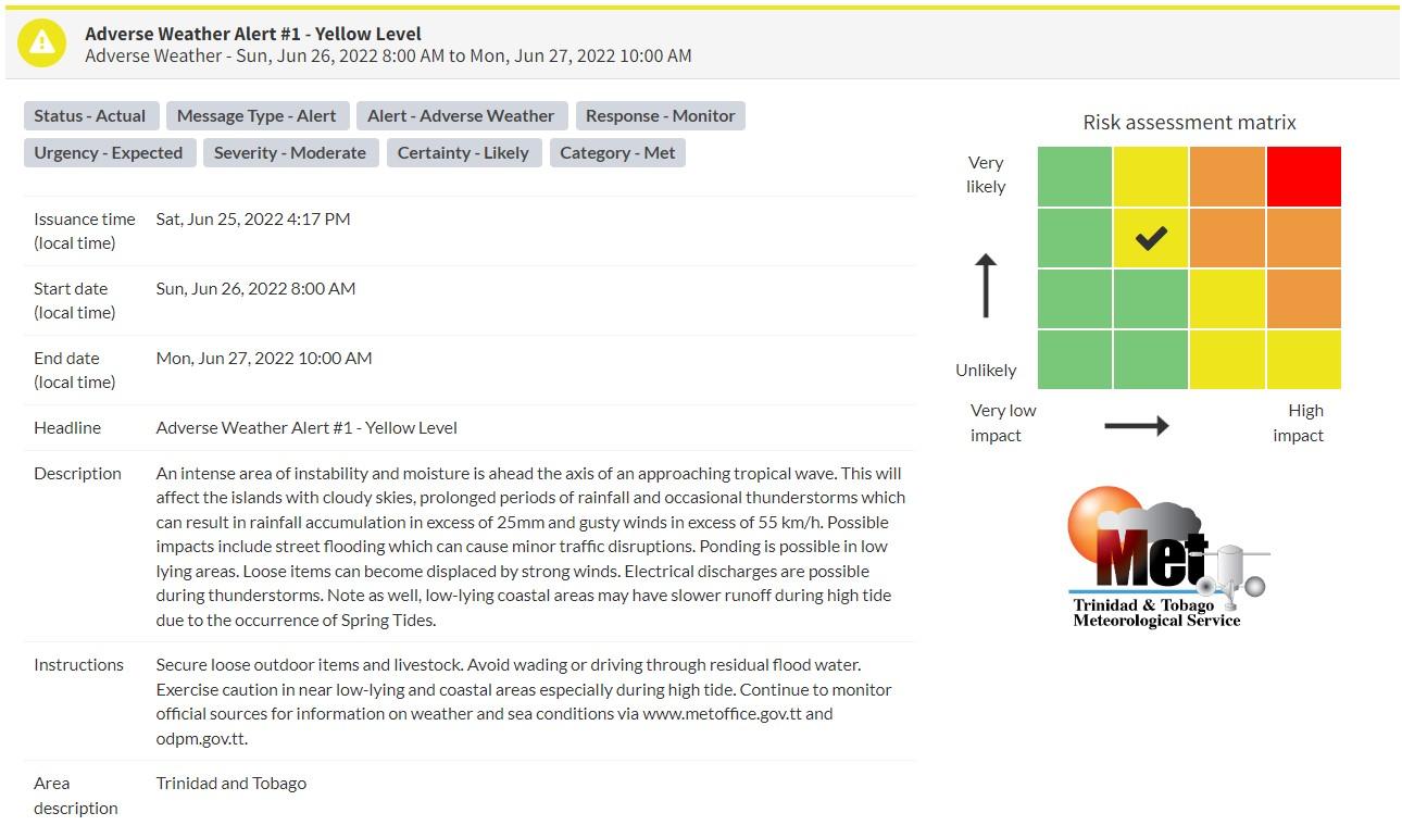 Adverse Weather Alert information from the Trinidad and Tobago Meteorological Service