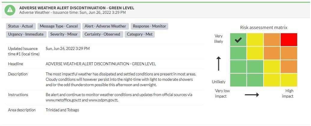 Adverse Weather Alert information from the Trinidad and Tobago Meteorological Service