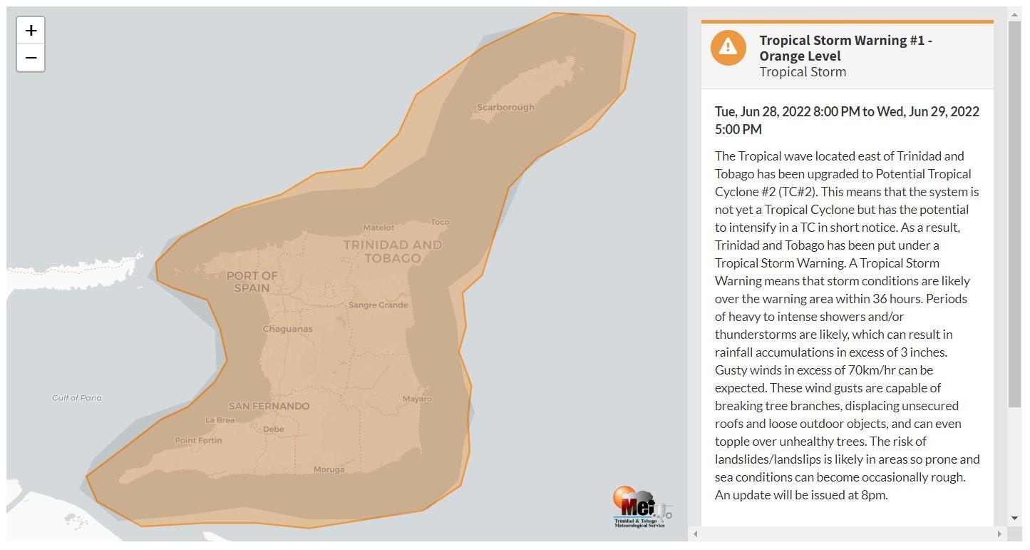 Tropical Storm Warning information from the Trinidad and Tobago Meteorological Service